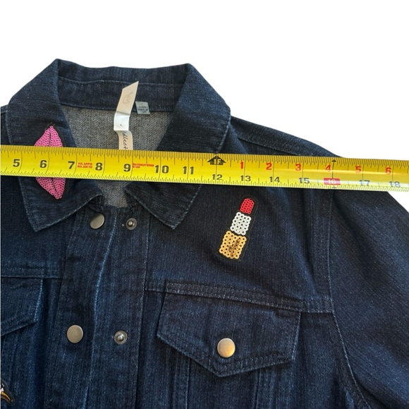 NY Collection Denim Jacket Sz L Blue Dark Wash 100% Cotton Embroidered Patchwork - Picture 6 of 16